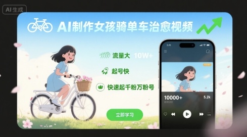 AI制作女孩骑单车治愈视频，流量大，起号快，快速起千粉万粉号-财阁