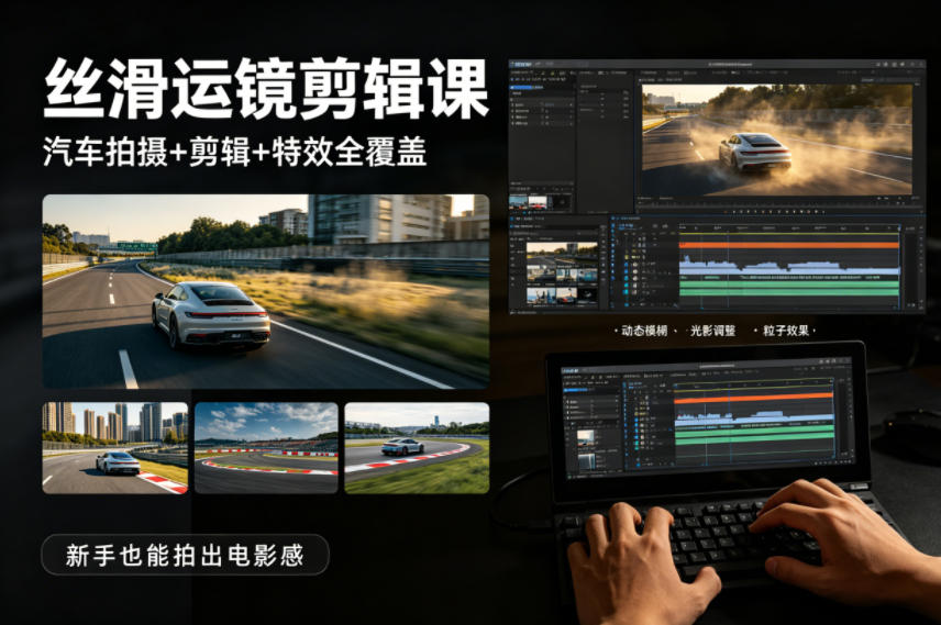 大叔丝滑运镜剪辑课，汽车拍摄+剪辑+特效全覆盖，新手也能拍出电影感-财阁