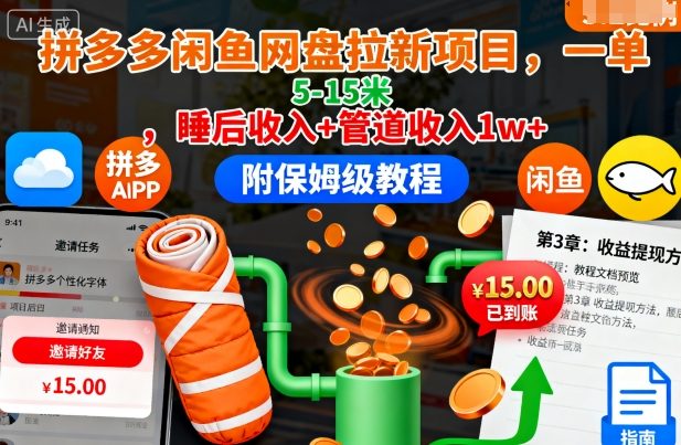 拼多多闲鱼网盘拉新项目，一单5-15米，睡后收入+管道收入1w+(附保姆级教程)-财阁