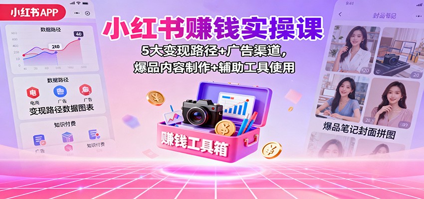小红书赚钱实操课：5大变现路径+广告渠道，爆品内容制作+辅助工具使用-财阁