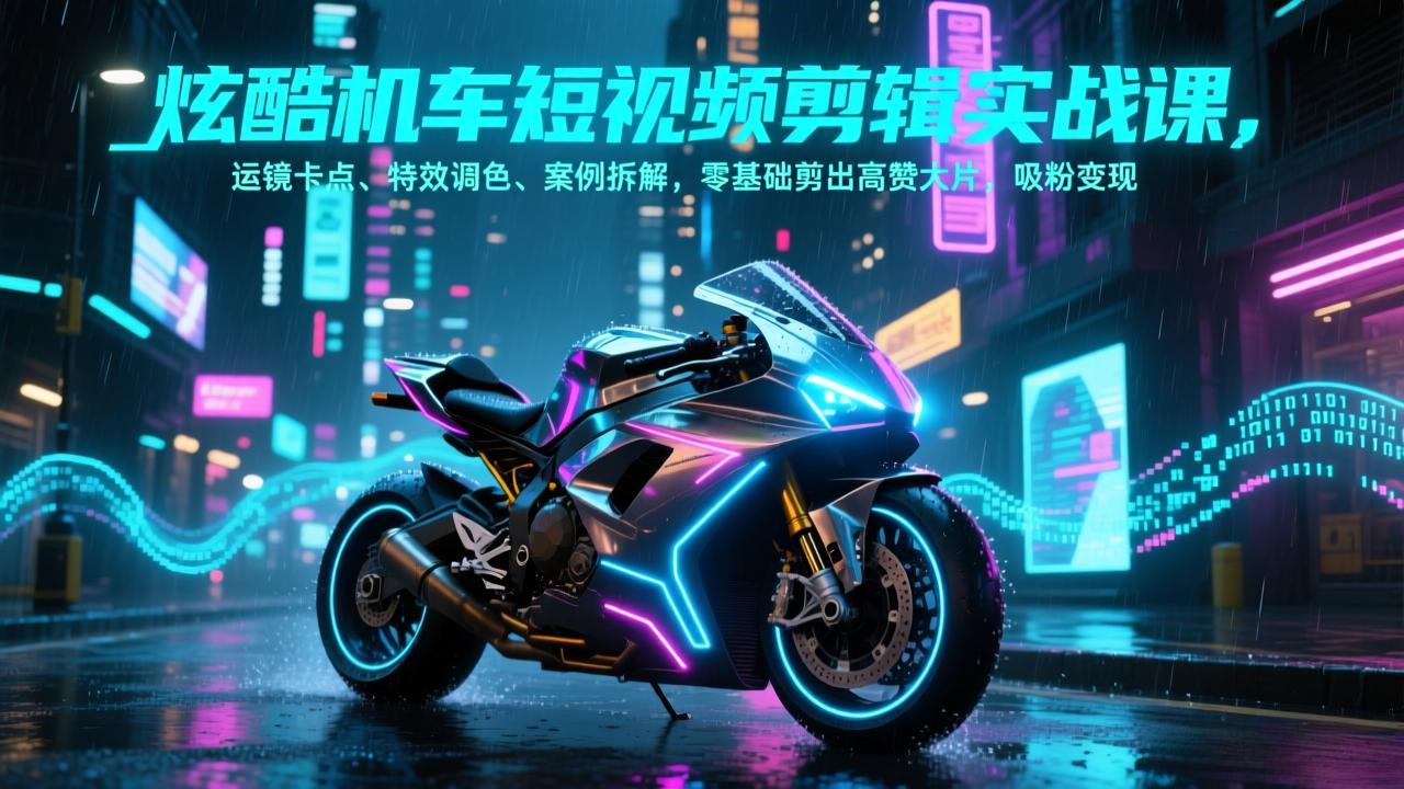 炫酷机车短视频剪辑实战课，运镜卡点、特效调色、案例拆解，零基础剪出高赞大片，吸粉变现-财阁