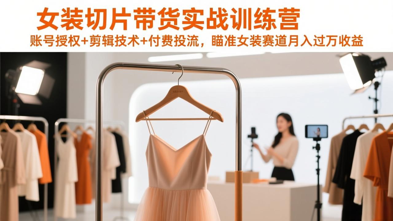 女装切片带货实战训练营，账号授权+剪辑技术+付费投流，瞄准女装赛道月入过万收益-财阁