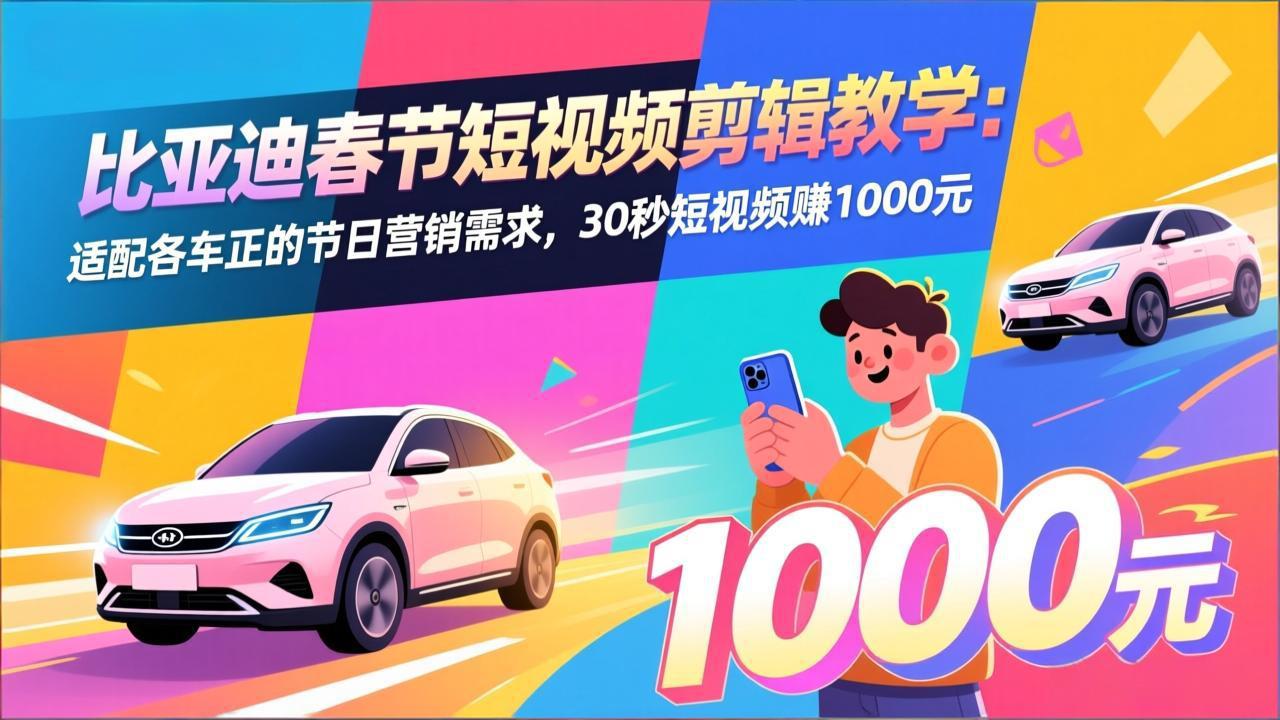 比亚迪春节短视频剪辑教学：适配各车企的节日营销需求，30秒短视频赚1000元-财阁