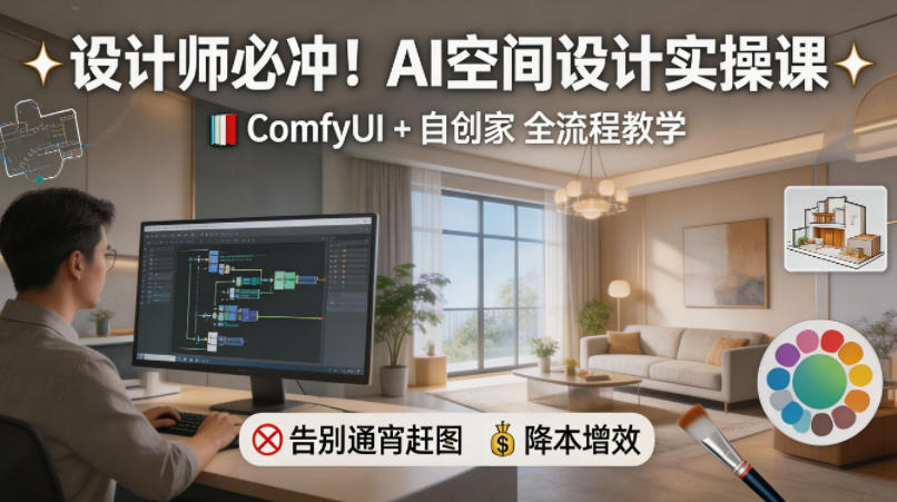 设计师必冲！AI空间设计实操课，ComfyUI+自创家全教学，告别通宵赶图，降本增效-财阁