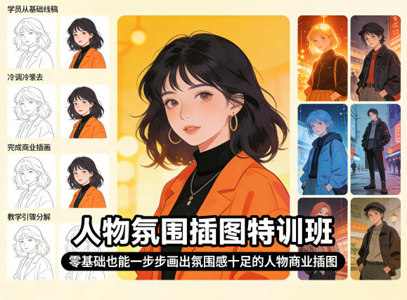 人物氛围插图特训班,零基础也能一步步画出氛围感十足的人物商业插图-财阁