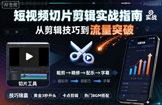短视频切片剪辑实战指南，从剪辑技巧到流量突破-财阁