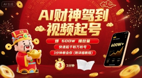 AI财神驾到视频起号，爆600W播放量，快速起千粉万粉号，3分钟教会你(附详细教程)-财阁