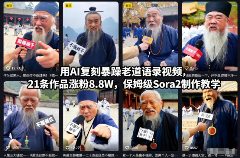 用AI复刻暴躁老道语录视频，21条作品涨粉8.8W，保姆级Sora2制作教学-财阁