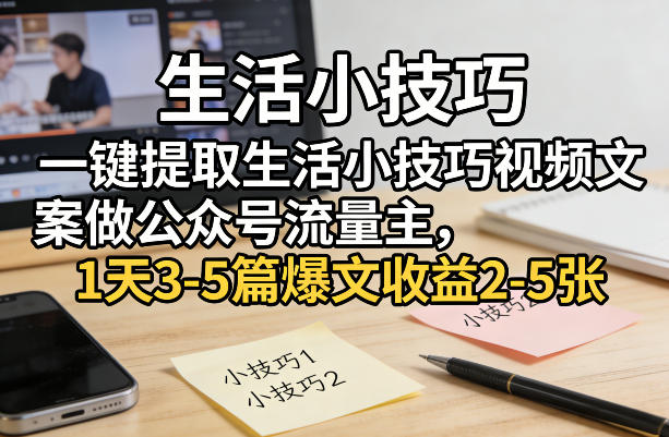 一键提取生活小技巧视频文案做公众号流量主，1天3-5篇爆文收益2-5张-财阁
