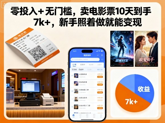 零投入+无门槛，卖电影票10天到手7k+，新手照着做就能变现【揭秘】-财阁