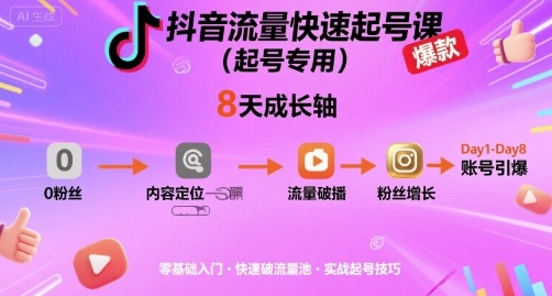 抖音流量快速起号课(起号专用)，8天带你做爆自己的账号-财阁