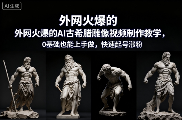 外网火爆的AI古希腊雕像视频制作教学，0基础也能上手做，快速起号涨粉-财阁