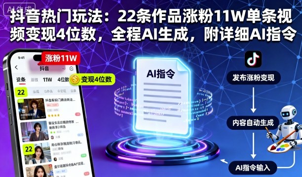 抖音热门玩法：22条作品涨粉11W单条视频变现4位数，全程AI生成，附详细AI指令-财阁
