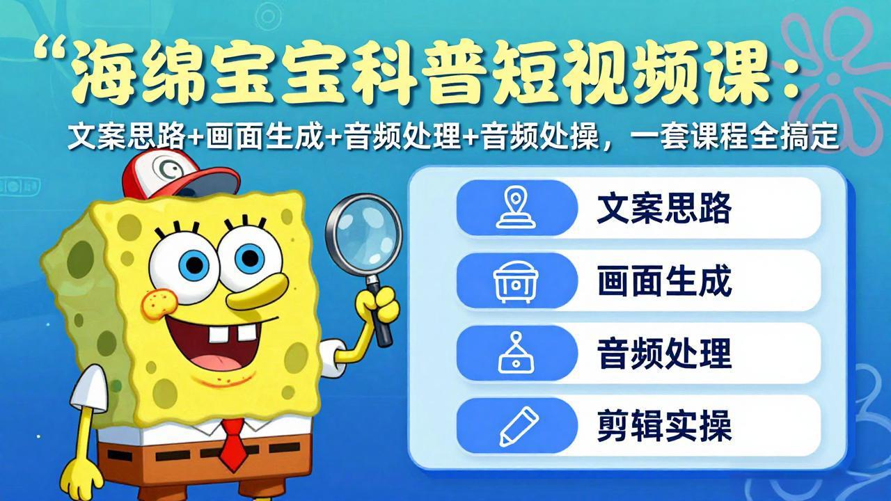 海绵宝宝科普短视频课：文案思路+画面生成+音频处理+剪辑实操，一套课程全搞定-财阁