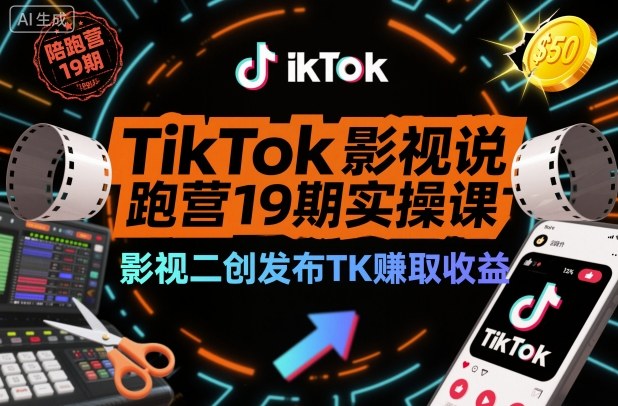 TikTok影视解说陪跑营19期实操课，影视二创发布TK賺取收益，万播收益50美金-财阁