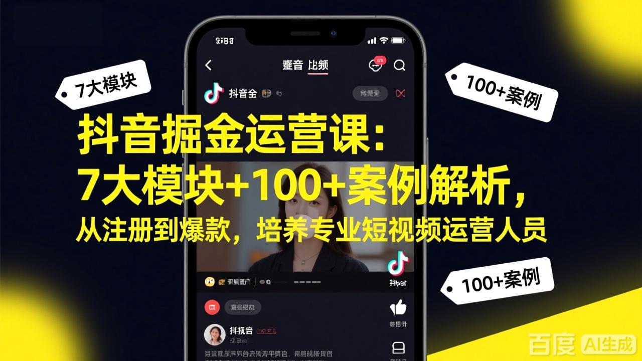 抖音掘金运营课：7大模块+100+案例解析，从注册到爆款，培养专业短视频运营人员-财阁