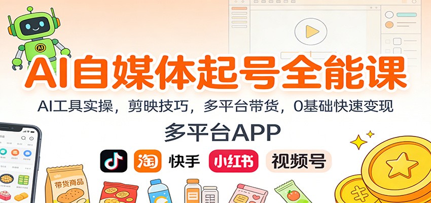 AI自媒体起号全能课：AI工具实操，剪映技巧，多平台带货，0基础快速变现-财阁