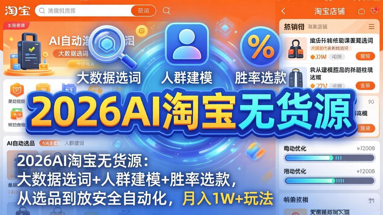 2026AI淘宝无货源：大数据选词+人群建模+胜率选款，从选品到放大全自动化，月入1W+玩法-财阁