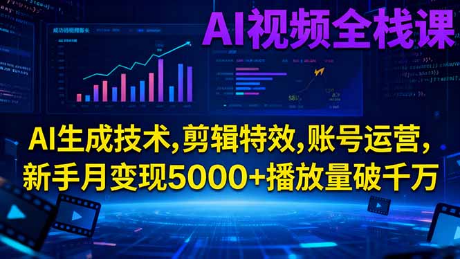 AI视频全栈课:AI生成技术,剪辑特效,账号运营,新手月变现5000+播放量破千万-财阁