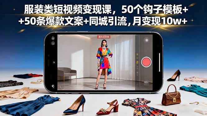 服装类短视频变现课，50个钩子模板+50条爆款文案+同城引流，月变现10w+-财阁