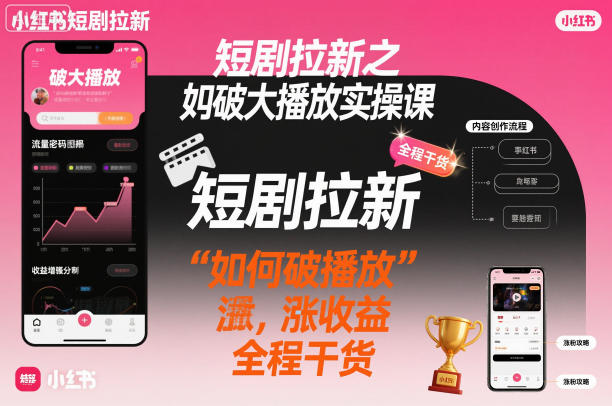 短剧拉新之小红书如何破大播放实操课，如何破播放，涨收益，全程干货-财阁