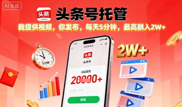【头条号托管】我提供视频，你发布，每天5分钟，最高躺入2W+【揭秘】-财阁