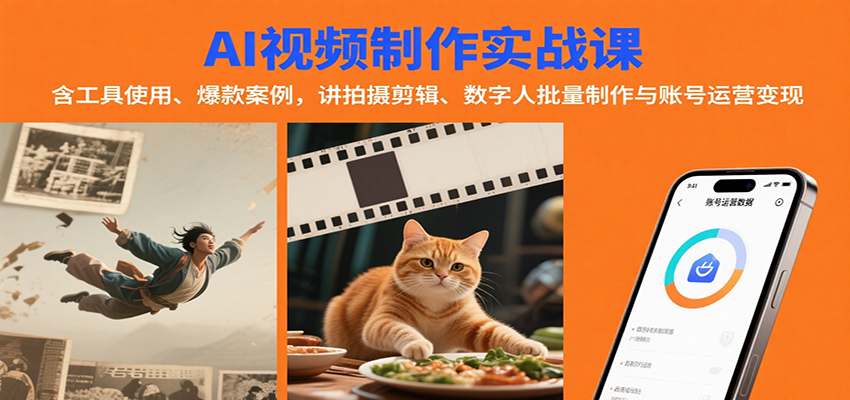 AI视频制作实战：含工具使用、爆款案例，讲拍摄剪辑、数字人批量制作与账号运营变现-财阁