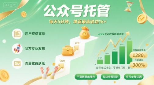 【公众号托管 】我提供文章，你发布，每天5分钟，单篇最高收益1k+【揭秘】-财阁