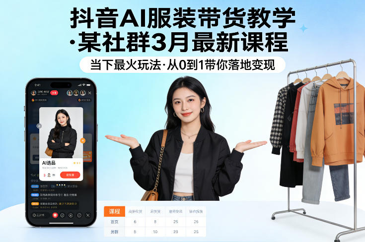 抖音AI服装带货教学，某社群3月最新课程，当下最火玩法，从0到1带你落地变现-财阁