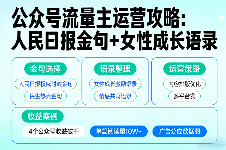 利用人民日报金句+女性成长语录做公众号流量主，4个公众号收益破千-财阁