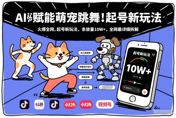 AI赋能萌宠跳舞，火爆全网，起号新玩法，条条播放量10W+，全网最详细拆解-财阁