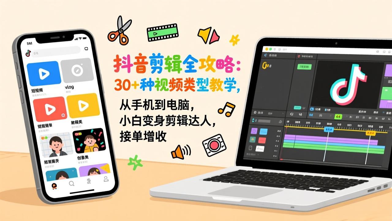 抖音剪辑全攻略：30+种视频类型教学，从手机到电脑，小白变身剪辑达人，接单增收-财阁