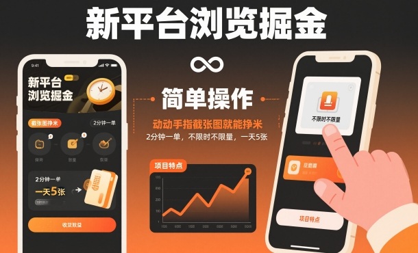 新平台浏览掘金，动动手指截张图就能挣米，2分钟一单，不限时不限量，一天5张【揭秘】-财阁