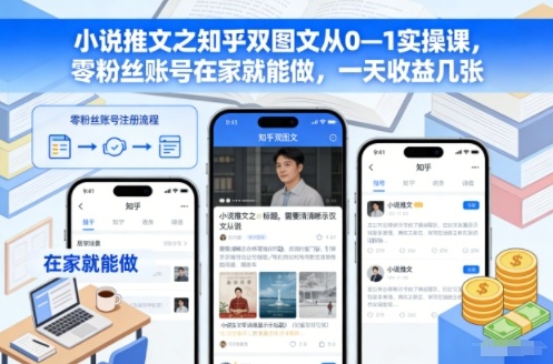 小说推文之知乎双图文从0—1实操课，零粉丝账号在家就能做，一天收益几张-财阁