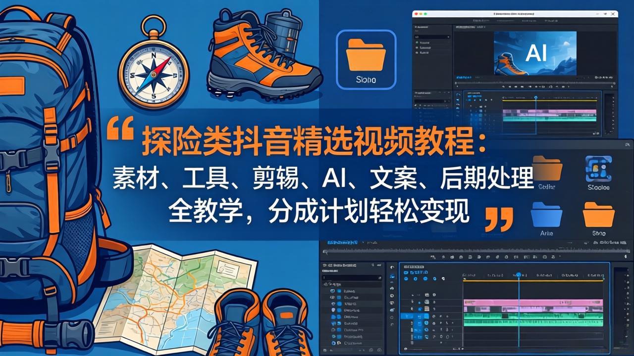 探险类抖音精选视频教程：素材、工具、剪辑、AI、文案、后期处理全教学，分成计划轻松变现-财阁