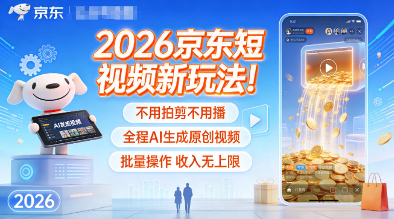 2026京东短视频新玩法！不用拍剪不用播，全程AI生成原创视频，批量操作收入无上限-财阁