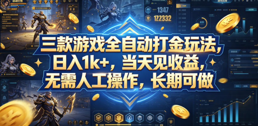 三款游戏全自动打金玩法，日入1k+，当天见收益，无需人工操作，长期可做【揭秘】-财阁