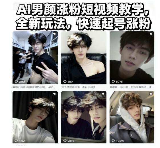 AI男颜涨粉短视频教学，全新玩法，快速起号涨粉-财阁