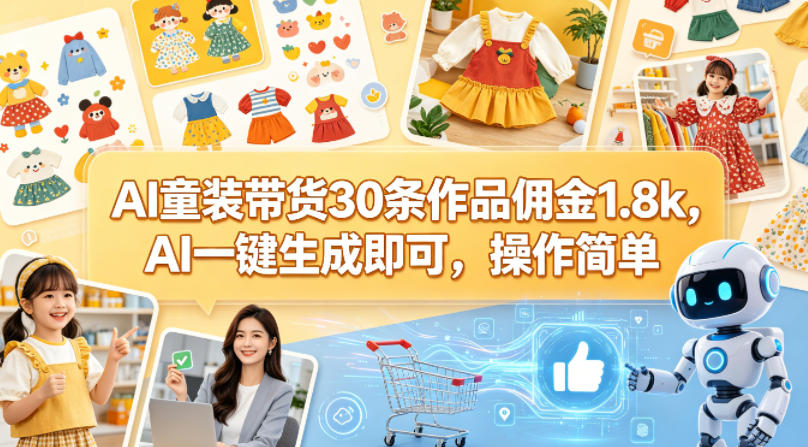 AI童装带货30条作品佣金1.8k，AI一键生成即可，操作简单-财阁