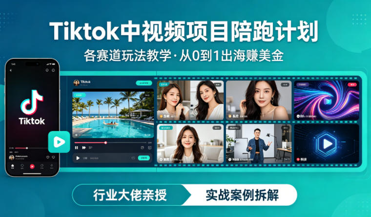 某大佬的Tiktok中视频项目陪跑，涵盖TK各个赛道玩法教学，从0到1出海賺美金-财阁