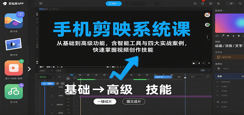 手机剪映系统课，从基础到高级功能，含智能工具与四大实战案例，快速掌握视频创作技能-财阁