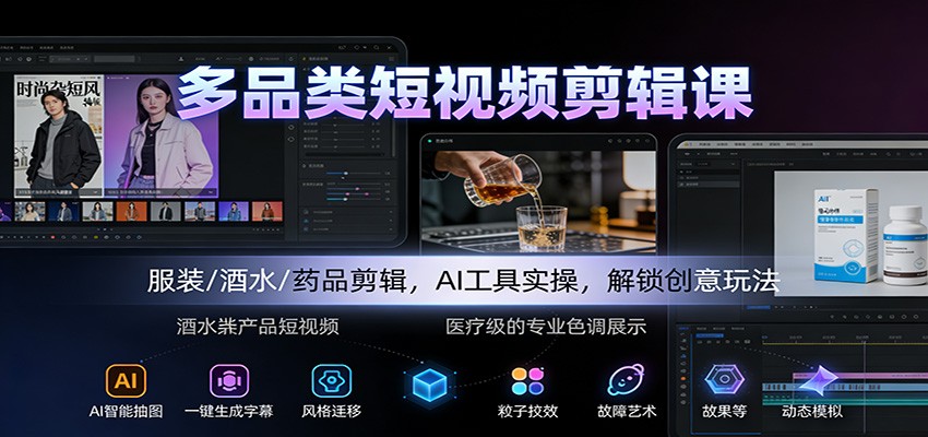 多品类短视频剪辑课：服装/酒水/药品剪辑，AI工具实操，解锁创意玩法-财阁
