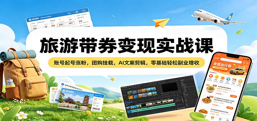 旅游带券变现实战课：账号起号涨粉，团购挂载，AI文案剪辑，零基础轻松副业增收-财阁