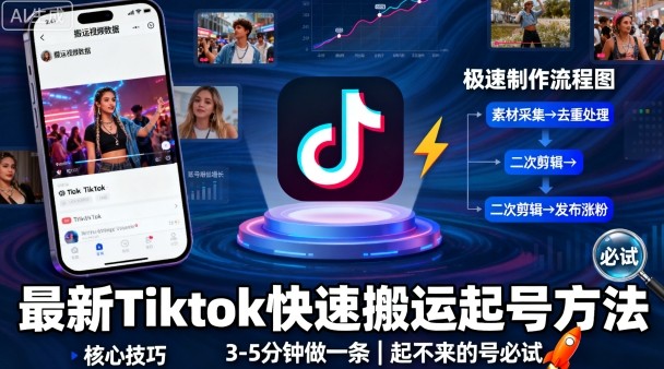 最新Tiktok快速搬运快速起号方法，3-5分钟做一条，起不来的号可以试试-财阁