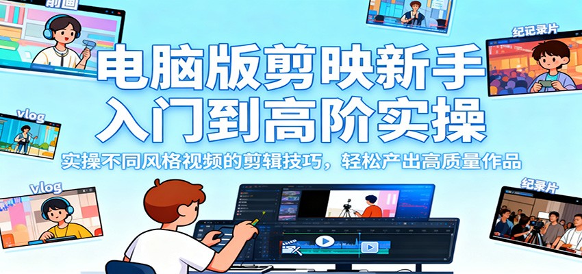 电脑版剪映新手入门到高阶实操,实操不同风格视频的剪辑技巧,轻松产出高质量作品-财阁