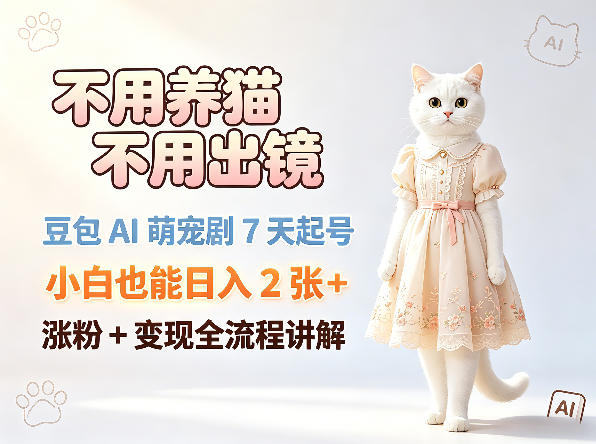不用养猫不用出镜，豆包AI萌宠剧7天起号，小白也能日入2张+，涨粉+变现全流程讲解-财阁