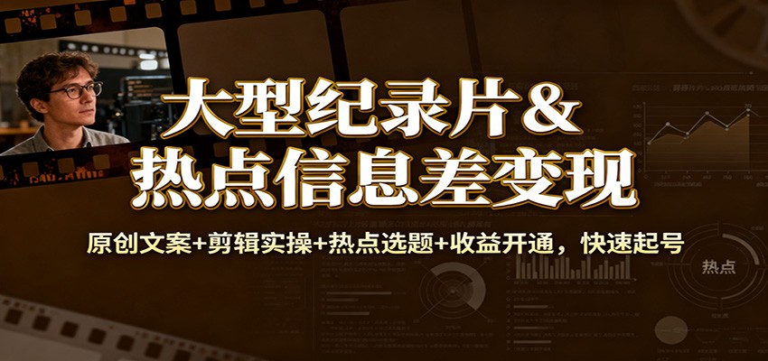 大型纪录片&热点信息差变现：原创文案+剪辑实操+热点选题+收益开通，快速起号-财阁
