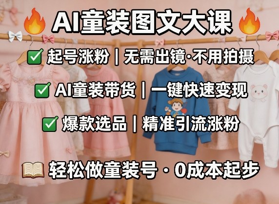 AI童装图文剪辑，某社群童装图文大课，起号涨粉、AI童装带货、爆款选品，无需出镜和拍摄-财阁