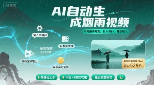 不用拍不用剪！AI自动生成烟雨视频，日入5张+，睡后收入-财阁