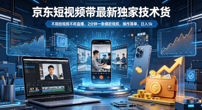 京东短视频带货最新独家技术，不用拍视频不用直播，2分钟一条爆款视频，操作简单，日入1k+【揭秘】-财阁